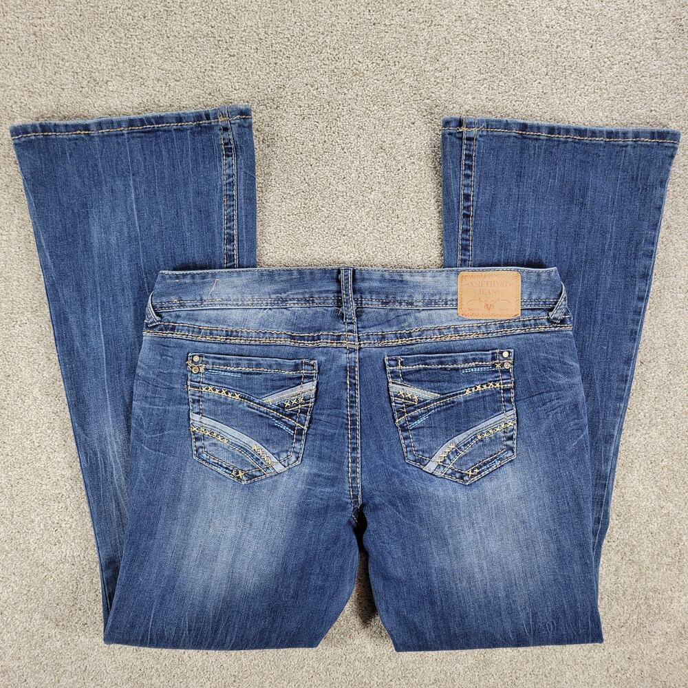 VTG Amethyst Mia Jeans Womens 13 Blue Med Wash Bootcut Flare Distressed Mid Rise